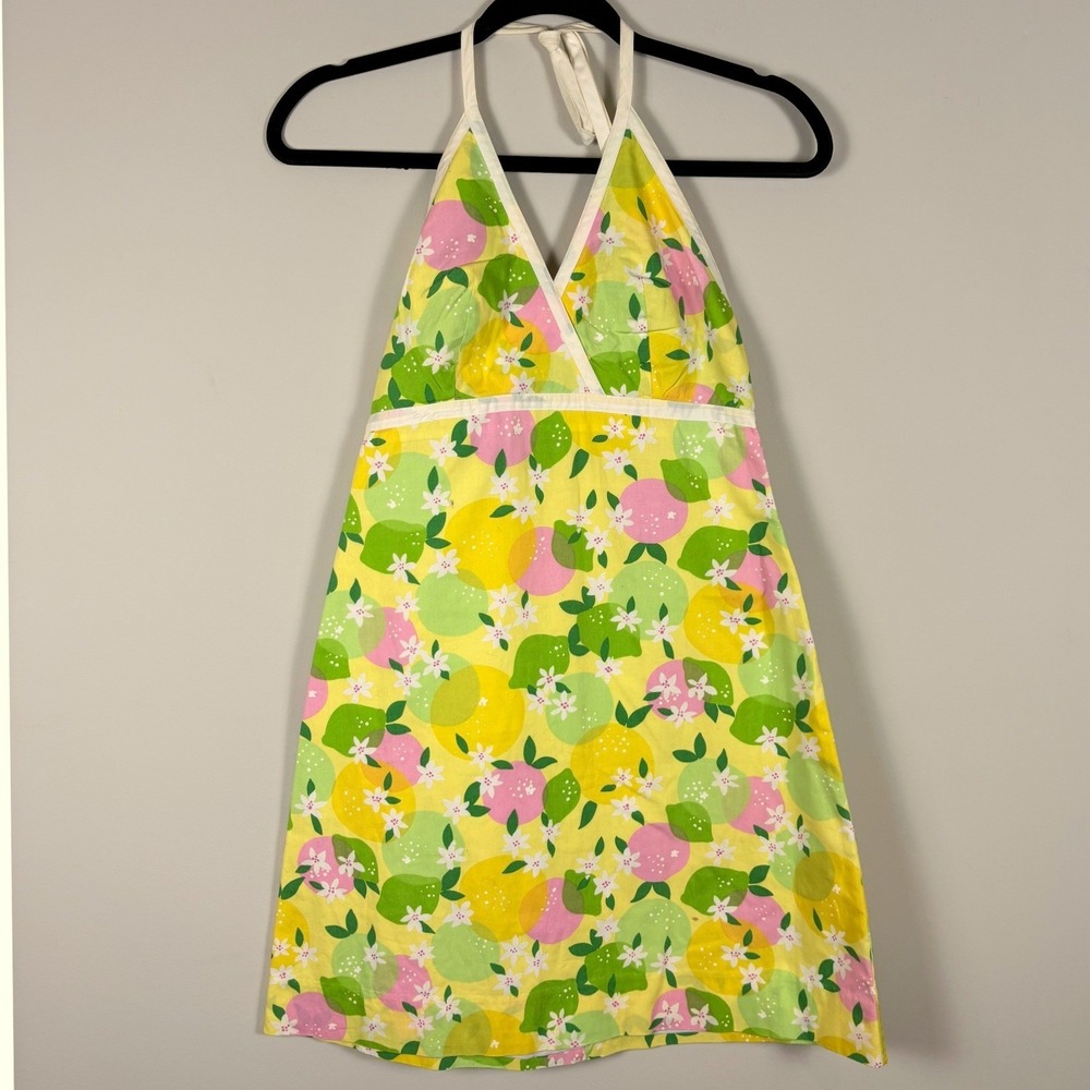 Vintage Lilly Pulitzer Women 2 Yellow Pink Green Citrus Fruit Halter Mini Dress